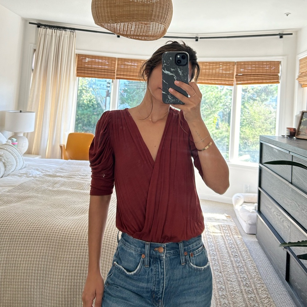 Burnt Dark Red Bodysuit Top Vneck, XS